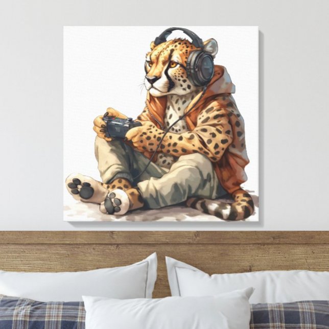 Canvas Cheetah Playing Video Games Art for Kids Print (Funny cheetah playing video games wearing headphones and hoodie kids canvas print for gamers)