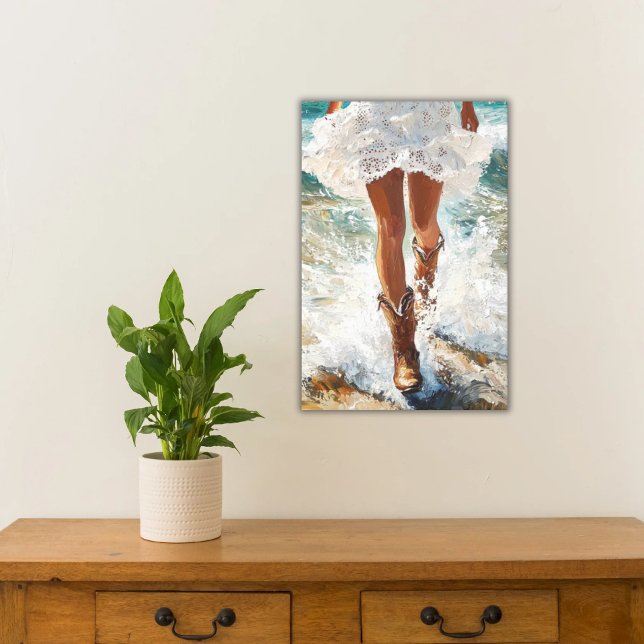 Canvas Cowgirl Walking on Beach Western Art (Cowgirl Walking in Ocean Waves on Beach Lace Skirt)