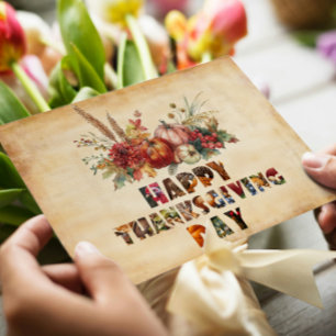 Canvas Fall Pumpkins and Leaves Happy Thanksgiving Holiday Card