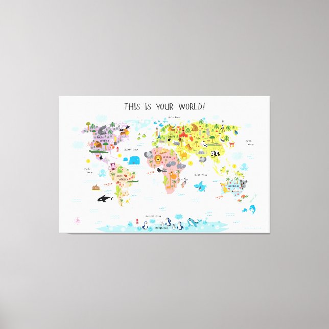 Canvas Kids World Map Girls Nursery Print (Front)