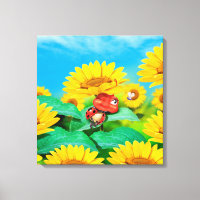 Canvas print cute sleepy Ladybug in sunflowers