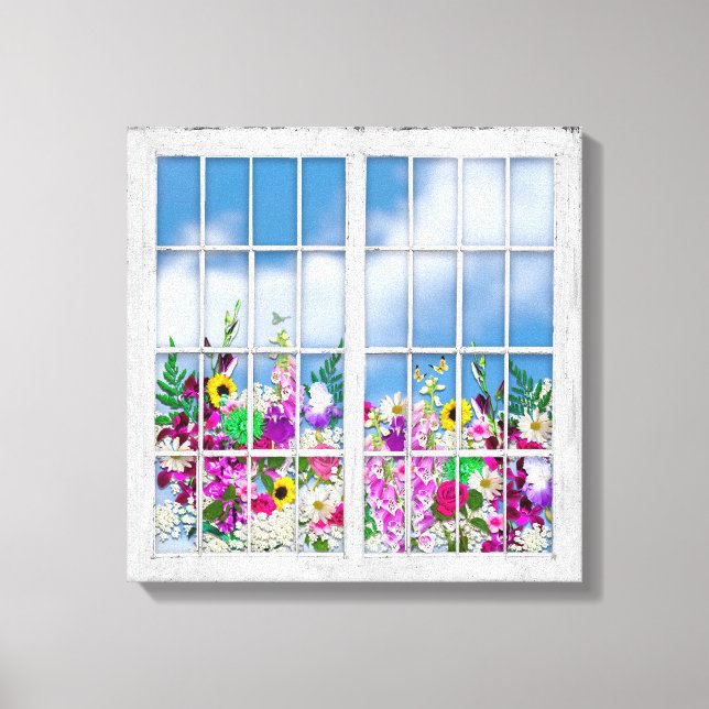 Canvas Print, View of Flowers, Rustic Window-Panes (Front)