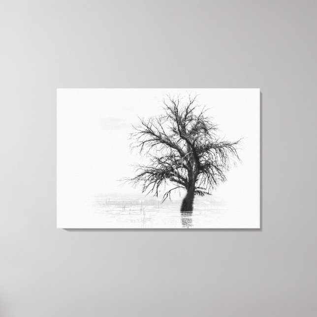 Canvas Print with single tree in water black white (Front)