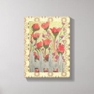 Canvas - Red Flowers & White Fence Print