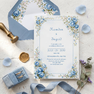 Canvas Textured Blue Gold Rose Ornate Border Invitation
