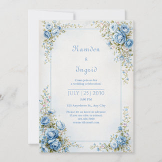 Canvas Textured Blue Gold Rose Ornate Border Invitation