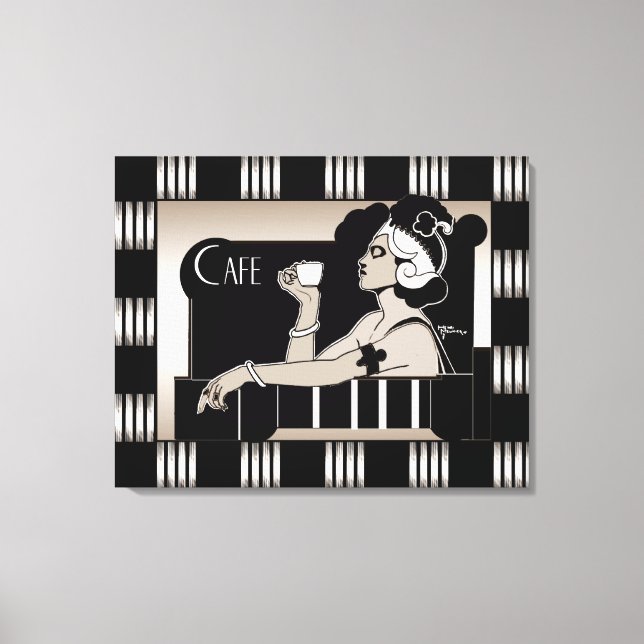 Canvas Vintage Cafe Art Deco Stripe Black Silver Print (Front)