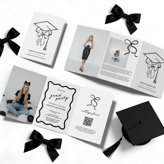 Cap and Bow Graduation Tri-Fold Invitation (Grad Cap and Bow Tri-Fold Invitation with Photos)