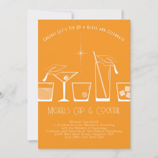 Cap and Cocktail Graduation Party Orange Invitation (Front)
