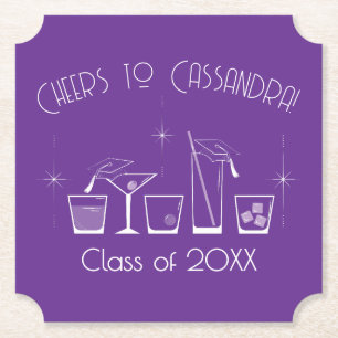 Cap and Cocktail Graduation Party Purple Paper Coaster