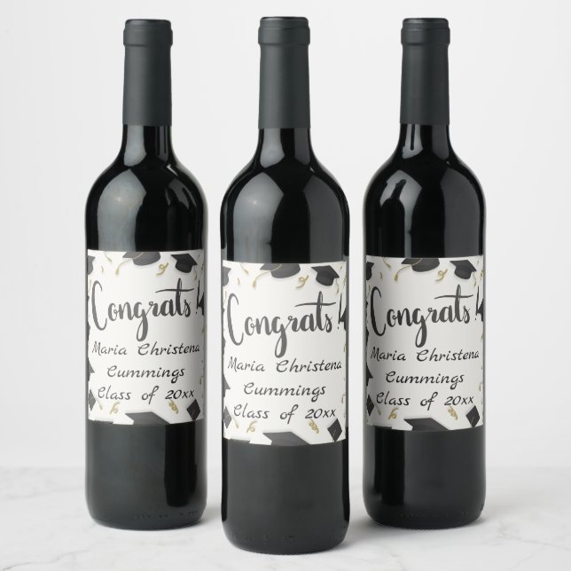 Cap & Confetti Graduation White Congrats Wine Label (Bottles)
