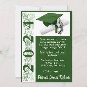 Cap & Diploma 5x7 Green and White Graduation Invitation