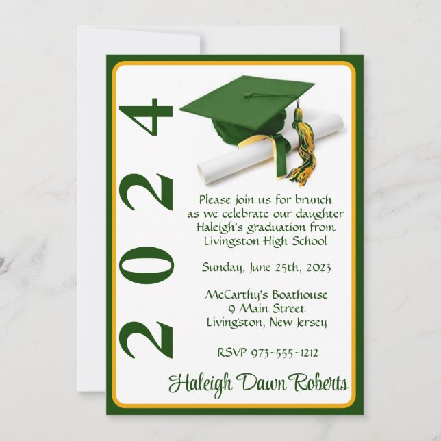 Cap & Diploma 5x7 Green & Gold Graduation Invitation (Front)