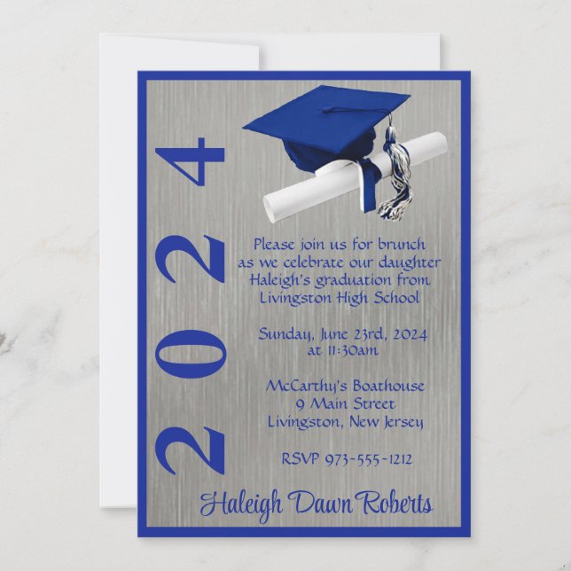 Cap & Diploma 5x7 Royal Blue and Silver Graduation Invitation (Front)