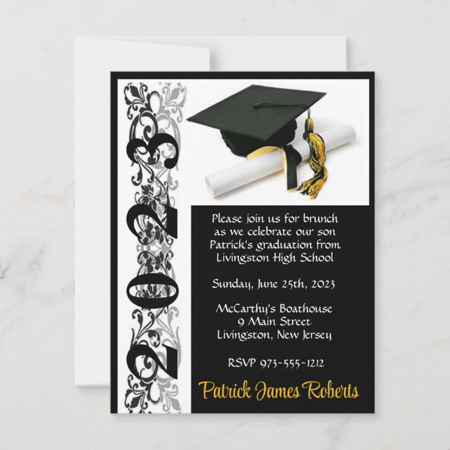 Cap & Diploma, Black & Gold Graduation Invitation (Front)