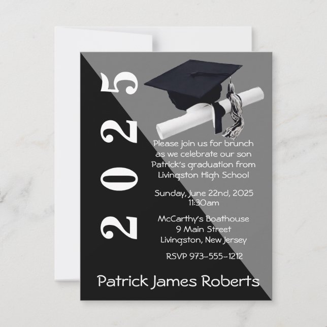 Cap & Diploma, Black & Grey Graduation Invitation (Front)