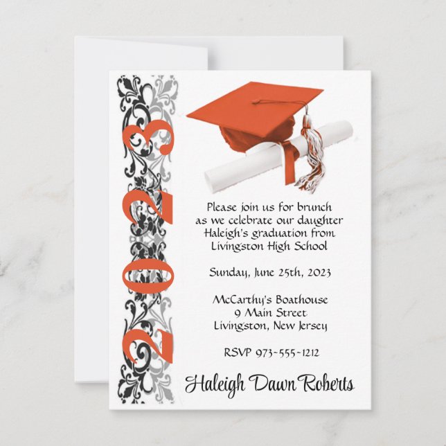 Cap & Diploma, Black & Orange Graduation Invitation (Front)