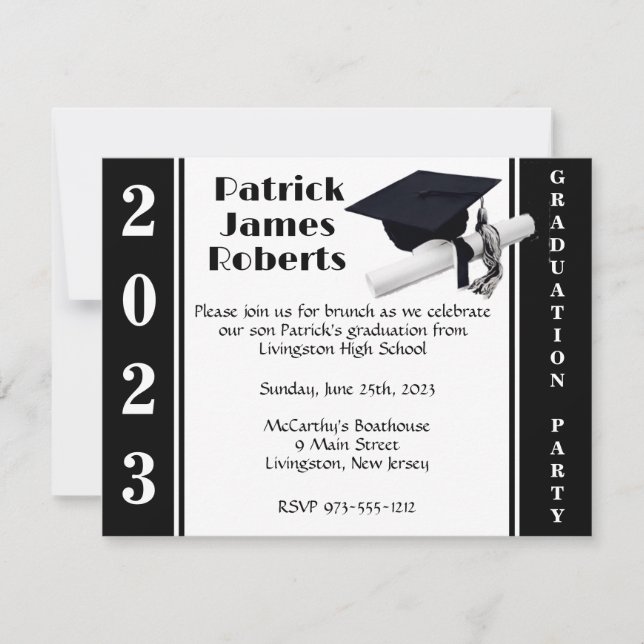 Cap & Diploma, Black & White Graduation Invitation (Front)