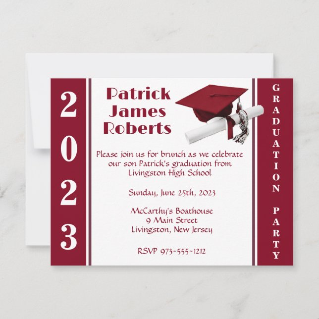 Cap & Diploma, Cardinal Red Graduation Invitation (Front)