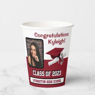 Cap & Diploma, Cardinal Red & White Graduation Paper Cups