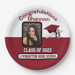 Cap & Diploma, Cardinal Red & White Graduation Paper Plate
