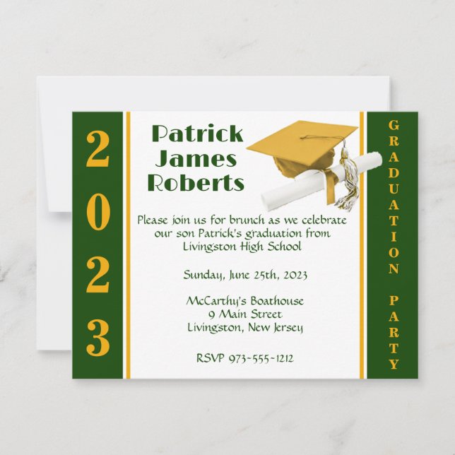 Cap & Diploma, Gold & Green Graduation Invitation (Front)