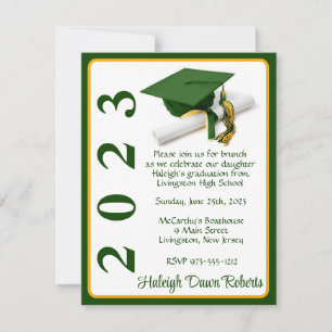 Cap & Diploma, Green & Gold Graduation Invitation