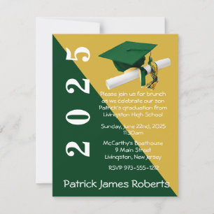 Cap & Diploma, Green & Metallic Gold Graduation Invitation