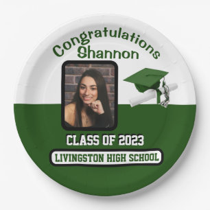 Cap & Diploma, Green &  White Graduation Paper Plate
