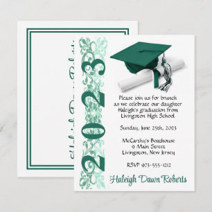 Cap & Diploma, Hunter Green & White Graduation Invitation