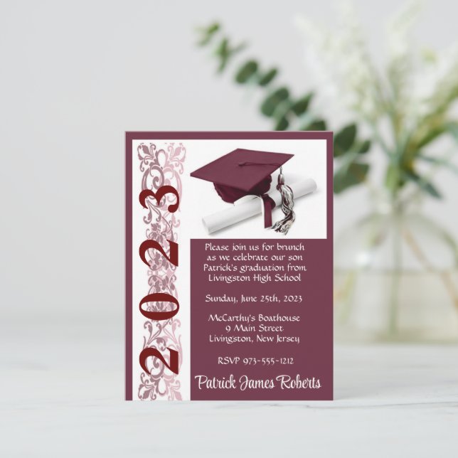 Cap & Diploma, Maroon Background Graduation Invitation (Standing Front)