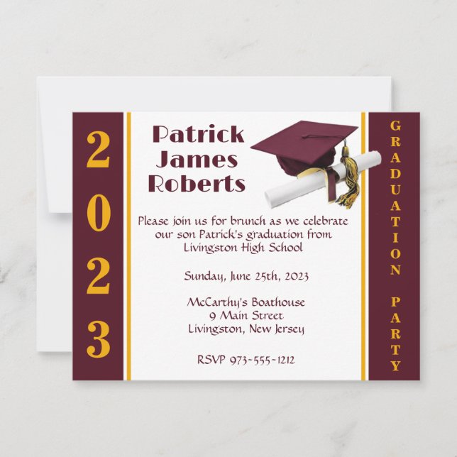 Cap & Diploma, Maroon & Gold Graduation Invitation (Front)