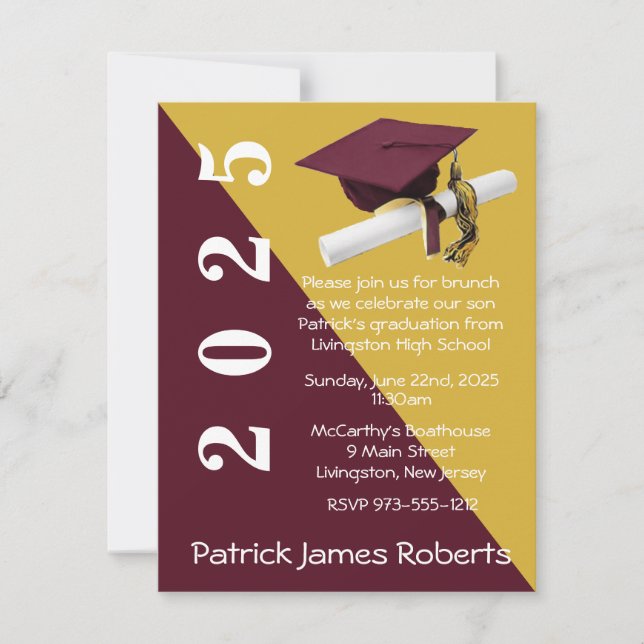 Cap & Diploma, Maroon & Metallic Gold Graduation Invitation (Front)