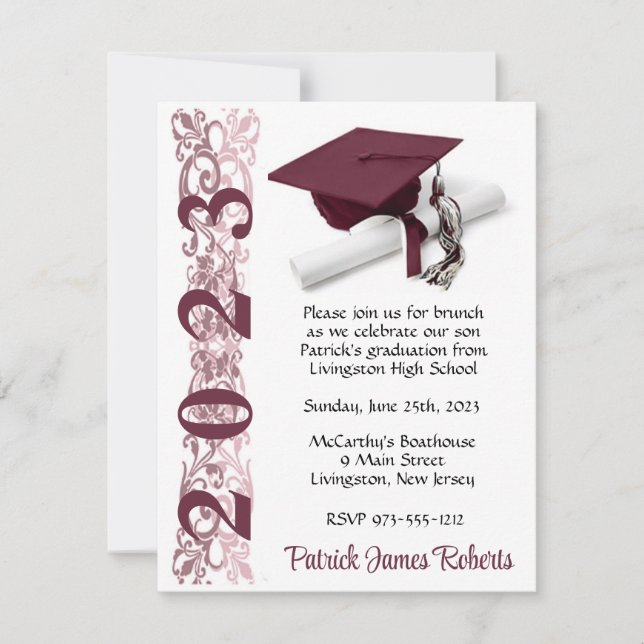 Cap & Diploma, Maroon & White Graduation Invitation (Front)