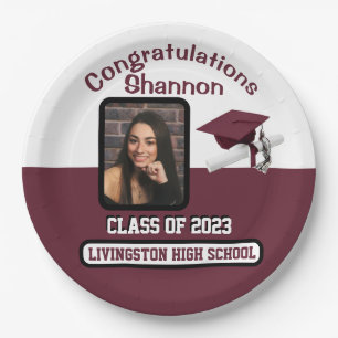Cap & Diploma, Maroon & White Graduation Paper Plate