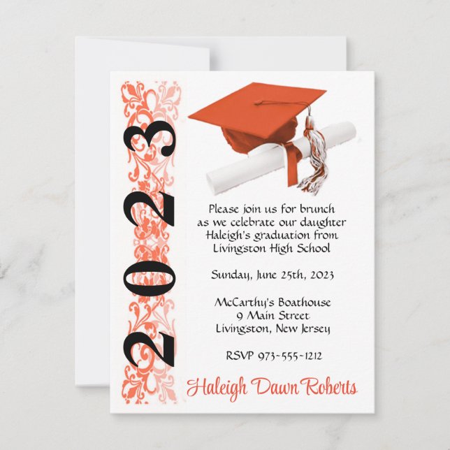 Cap & Diploma, Orange & Black Graduation Invitation (Front)