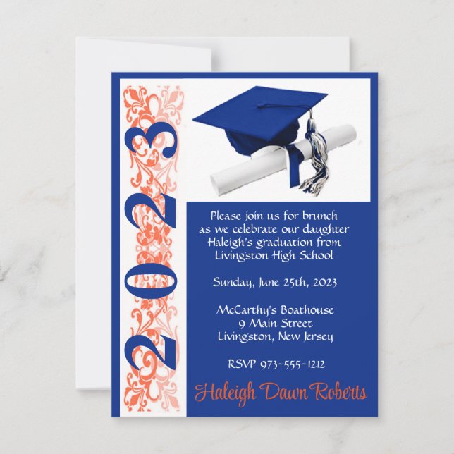 Cap & Diploma, Orange & Blue Graduation Invitation (Front)