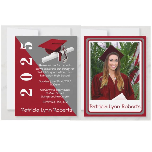 Cap & Diploma Photo, Red & Grey Graduation Invitation (Grad invitations with room for a photo and party info!)
