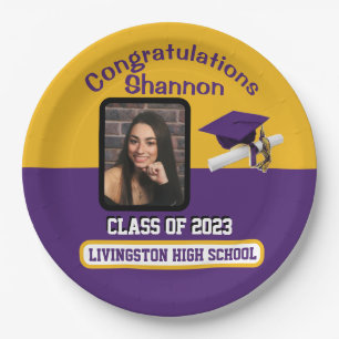 Cap & Diploma, Purple & Gold Graduation Paper Plate