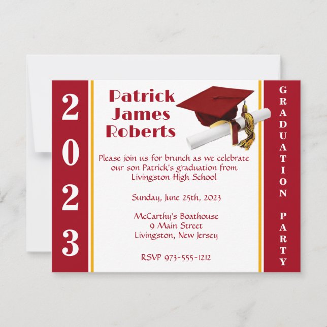 Cap & Diploma, Red & Gold Graduation Invitation (Front)