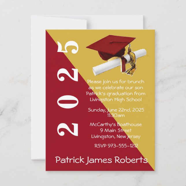 Cap & Diploma, Red & Metallic Gold Graduation Invitation (Front)