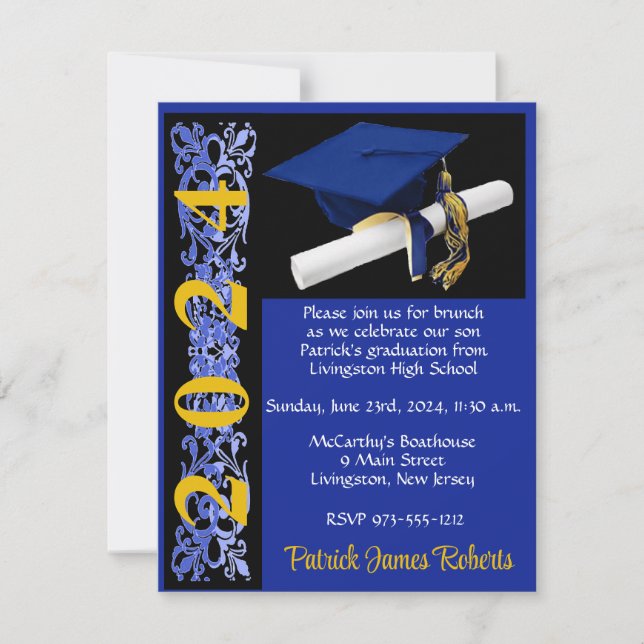 Cap & Diploma, Royal Blue/Black/Gold Graduation Invitation (Front)