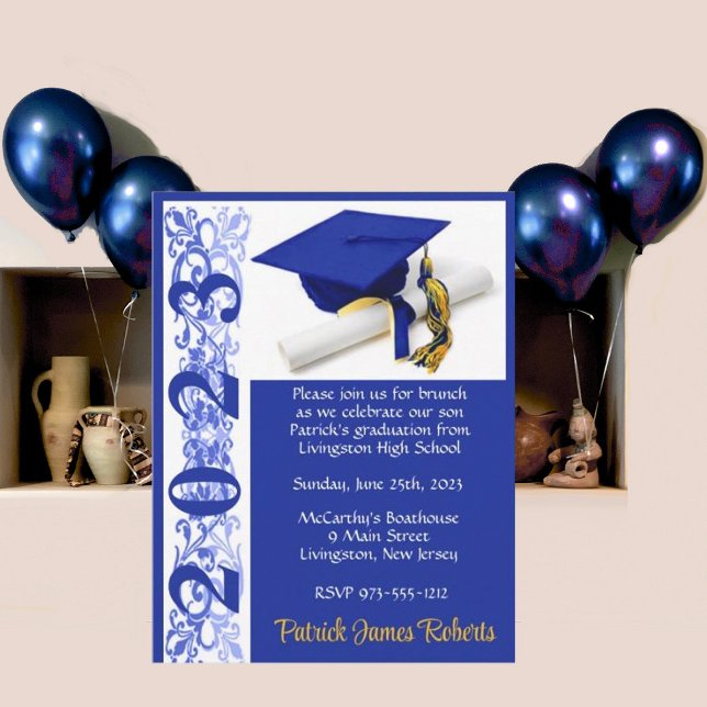 Cap & Diploma, Royal Blue/Gold Graduation Invitation (Creator Uploaded)