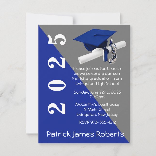 Cap & Diploma, Royal Blue & Grey Graduation Invitation (Front)