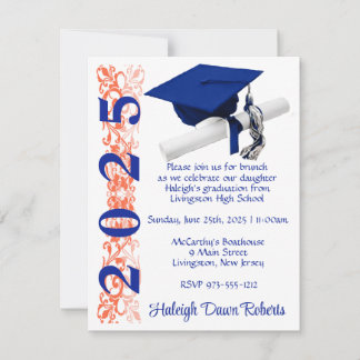 Cap & Diploma, Royal Blue & Orange Graduation Invitation