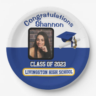 Cap & Diploma, Royal Blue, White & Gold Graduation Paper Plate