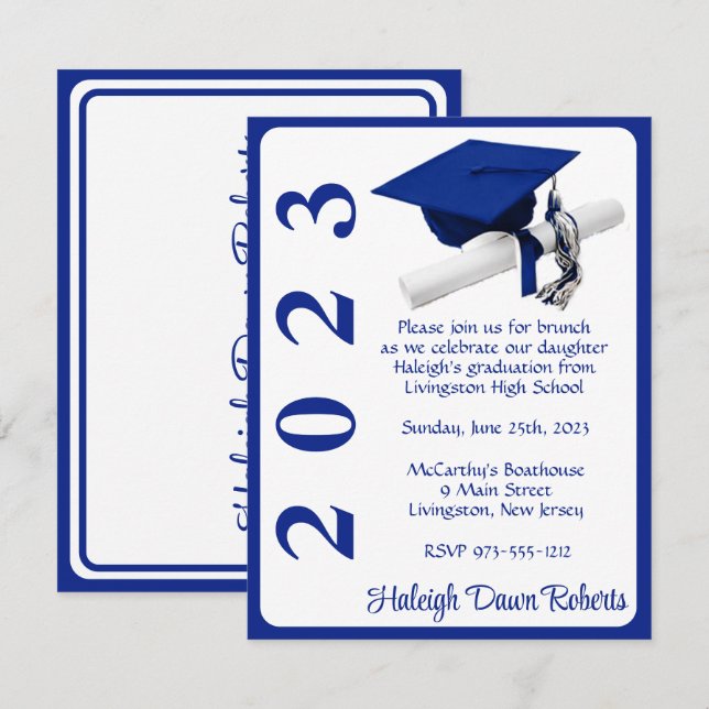 Cap & Diploma, Royal Blue & White Graduation Invitation (Front/Back)