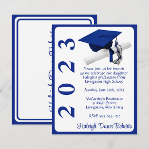 Cap & Diploma, Royal Blue & White Graduation Invitation