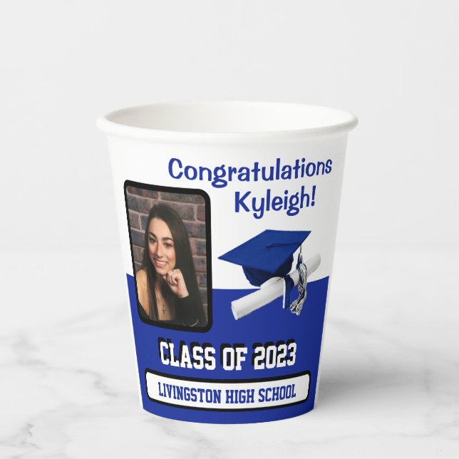 Cap & Diploma, Royal Blue & White Graduation Paper Cups (Front)