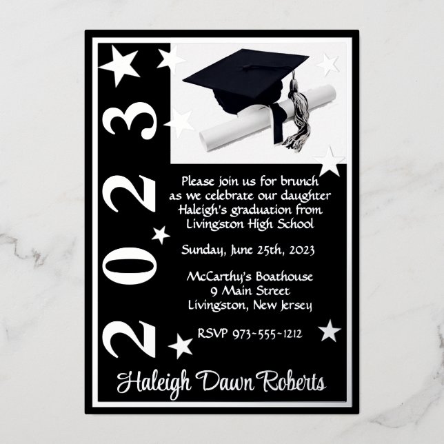 Cap, Diploma, & Stars, Black & Silver Graduation F (Front)